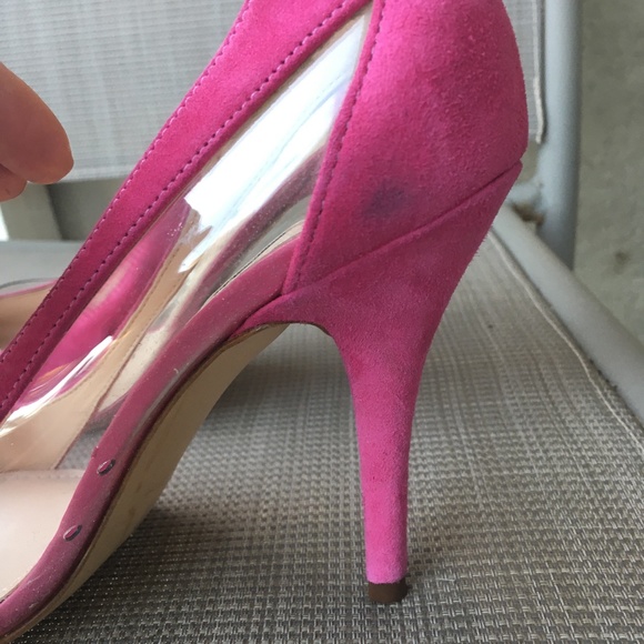GUESS Pink Suede Clear Lucite Trim Japeen Pumps Heels 7.5 - Picture 4 of 12